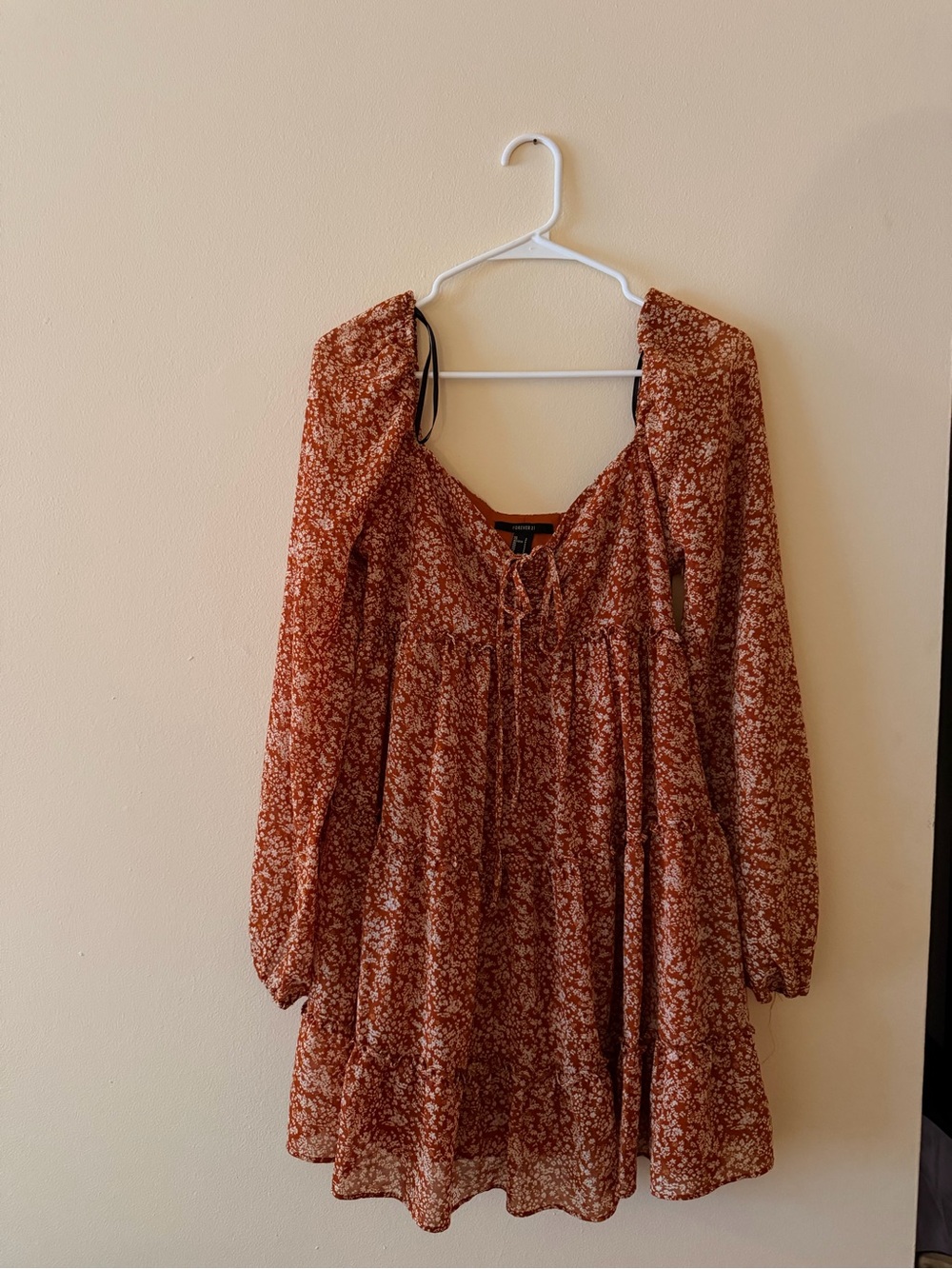 Forever 21 Rust Floral Long Sleeve Mini Dress with Tie Front
